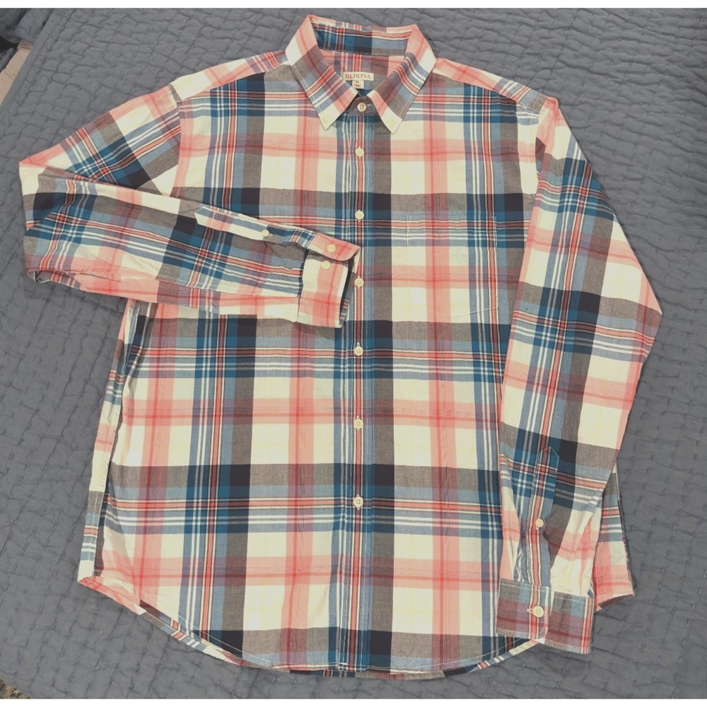 Merona Men's XL 100% Cotton Button Down Shirt Blue Pink Plaid Long Sleeve Preppy